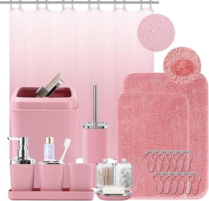 XLHOMO Bathroom Accessory Set–Bathroom Sets with Shower Curtain and Rugs, Non Slip Bathroom Rugs Super Absorbent, Pink Ombre Waterproof Shower Curtain with Hooks, Pink Bathroom Sets Complete for Home - ModernBath