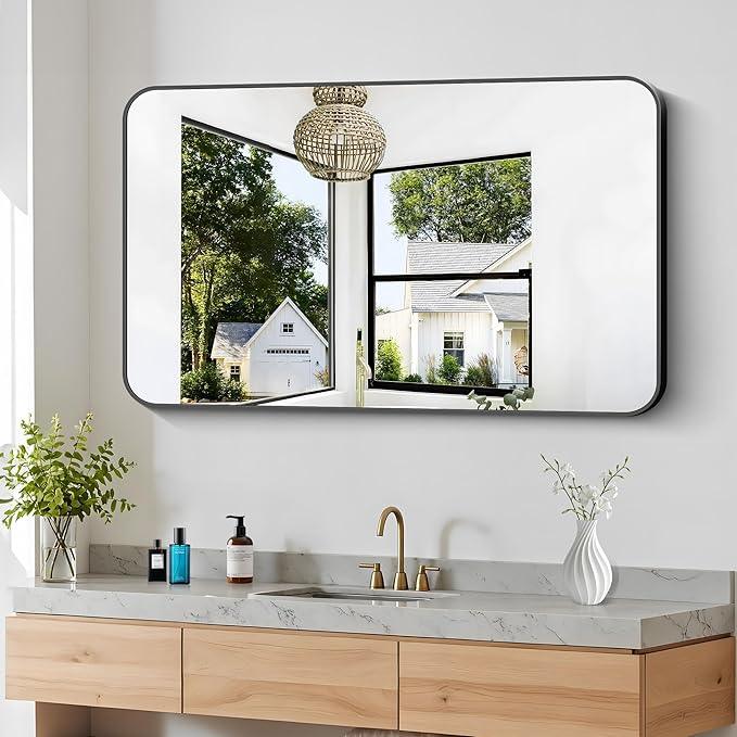 BONEWEI 30x48 inch Bathroom Mirror,Black Rectangle Mirror,Wall Mounted Bathroom Frame Vanity Mirror with Round Corner for Bedroom Living Room, Entryway Hangs Horizontal or Vertical - ModernBath