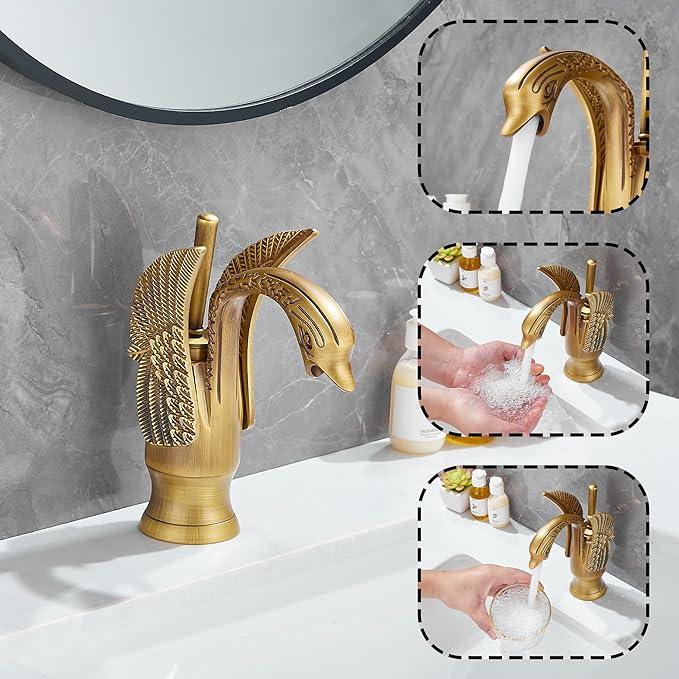 GGStudy Bathroom Faucet Antique Brass Swan Single Handle One Hole Bathroom Vanity Faucet Basin Tap Deck Mount Lavatory - ModernBath