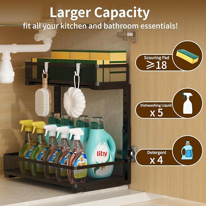 Under Sink Organizer 1 Pack, 2-Tier Slide Out Cabinet Organizer with Metal Sliding Drawer and Hooks, Pull Out Storage Baskets for Kitchen Bathroom Pantry Cabinet Organization (Black (1 pack)) - ModernBath