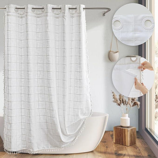 River Dream Farmhouse Shower Curtain with Snap-in Liner, No Hooks Needed,with Magnets,with Tassels,Water Repellent&Machine Washable,71x86Inch - ModernBath