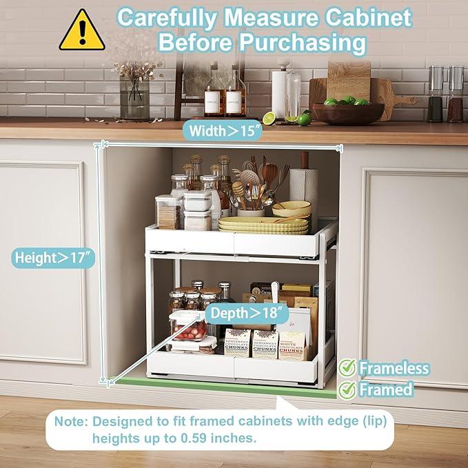 Golener 2-Tier Expandable Pull Out Cabinet Organizer - Slide Out Drawers for Kitchen Cabinets, Bathroom Organizers and Storage, Under Sink Organizer for Kitchen Storage Organization, White Metal Frame - ModernBath