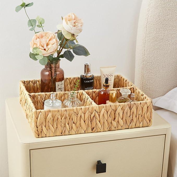 Vagusicc Wicker Divided Storage Basket, Hand-Woven Water Hyacinth Wicker Baskets, Basket for Drawer Organizing, 3 Section Rectangular Woven Storage Baskets, 2-Pack - ModernBath