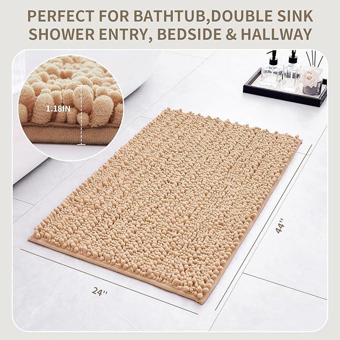 Ruggnovea Chenille Bathroom Rugs Non Slip Washable 44x24, Extra Thick Soft Absorbent Chenille Bath Mat, Non-Slip Barrier Backing, Quick Dry Machine Washable Bath Mats Tub, Shower,Floor/Sink,Beige - ModernBath