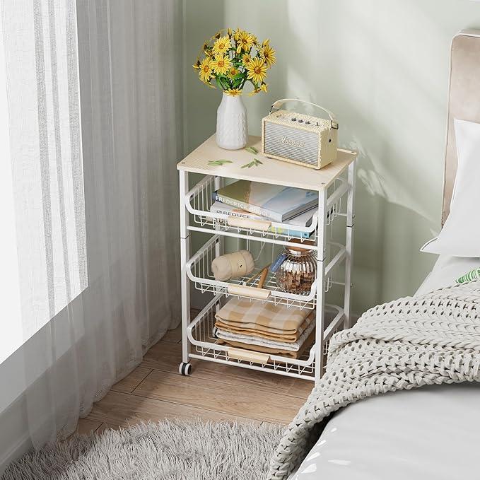 4-Layer Fruit Basket Kitchen Food Storage Organizer and Storage Rack, Stackable Storage cart with Desktop, Pull-Out Hollow Metal Storage Basket, liding Out Storage,White - ModernBath