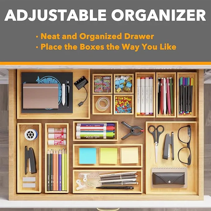 SpaceAid 14-Piece Bamboo Drawer Organizer Storage Boxes Set, Wood Tray Junk Drawer Organizers Multi-Use Divider Bins for Kitchen, Bathroom, Office Desk and Makeup Organization (14 Pack, Natural) - ModernBath
