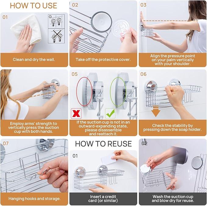 LEVERLOC Shower Caddy Suction Cup, 3 Pack Heavy Duty Bathroom Organizer For Inside Shower With Hooks & Soap Holder, Removable Bathroom Organizer, Rustproof Silver Holder Storage Storage,Silver - ModernBath