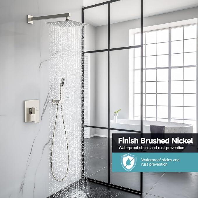SR SUN RISE Shower Faucet Set & System - 10 Inch Rainfall Shower Head & Handle Set Wall Mounted Brushed Nickel Solid Brass Valve Trim Kit Included - ModernBath