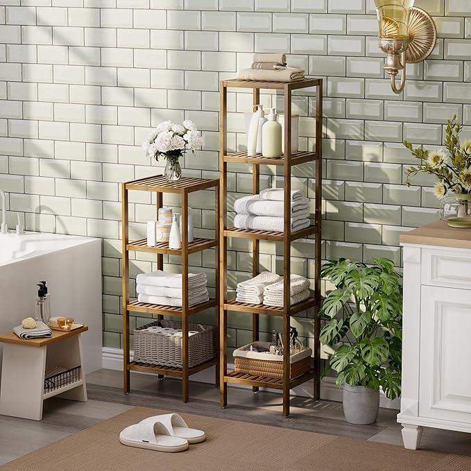 SMIBUY Bathroom Storage Shelf, 5-Tier Bamboo Rack Organizer, Multifunctional Shelving Unit for Living Room Bedroom Kitchen (Walnut) - ModernBath