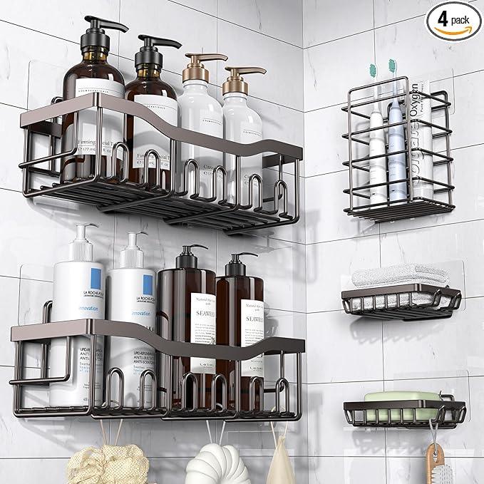 EUDELE 5-Pack Rustproof Stainless Steel Shower Caddy – No Drill Adhesive Bathroom Organizer with Large Capacity, Spacious Shower Shelves for Inside Shower, Kitchen & Home Decor Storage-XL Size - ModernBath