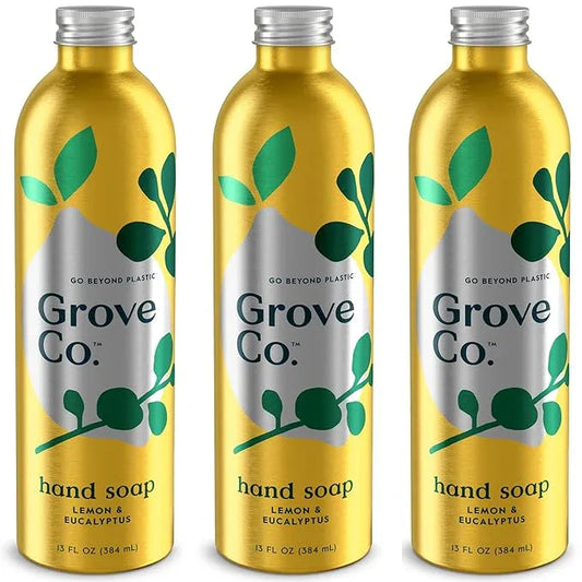 Grove Co. Hydrating Gel Hand Soap Refills (3 x 13 Fl Oz) | Plastic-Free Liquid Hand Soap Refill Set, Leaves Hands Soft and Clean, 100% Natural Lemon & Eucalyptus Fragrance - ModernBath