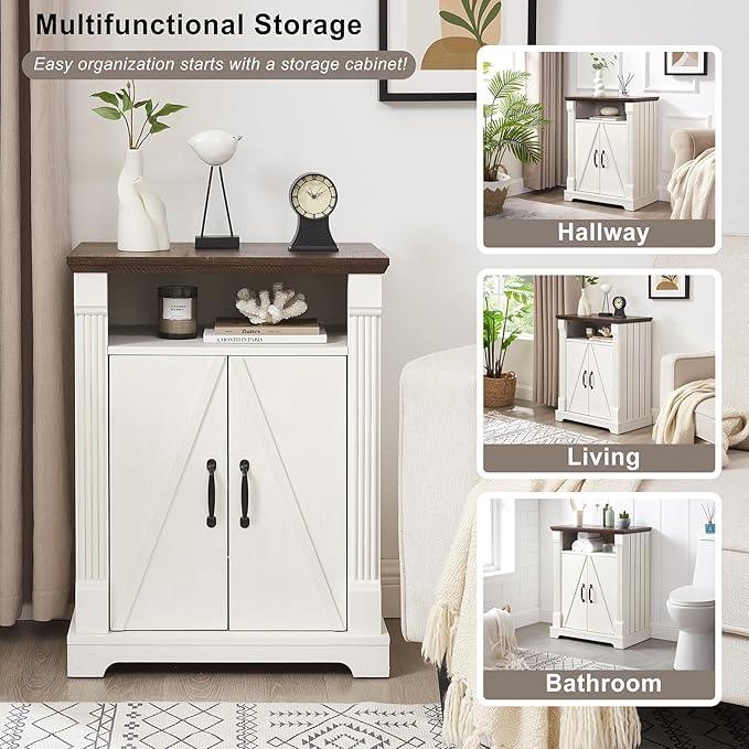 24" Farmhouse Storage Cabinet with Barn Doors, Antique White Freestanding Sideboard Buffet with Adjustable Shelf, Pantry Hutch Coffee Bar for Kitchen Bathroom Living Room - Small Floor Cabinet - ModernBath