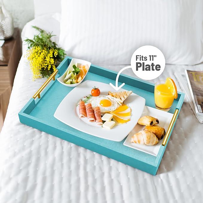 17" x 12" Wood Serving Tray with Gold Polished Metal Handles, Home Decorative Wooden Rectangle Ottoman Leather Decor Platter Bathroom Vanity Tray for All Occasions Blue - ModernBath