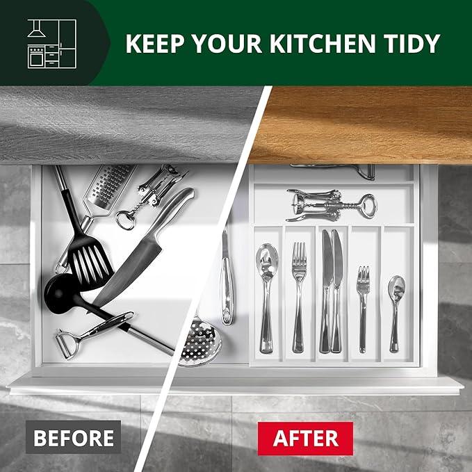 ROYAL CRAFT WOOD Luxury Bamboo Kitchen Drawer Organizer - Silverware Organizer - Utensil Holder and Cutlery Tray with Grooved Drawer Dividers for Flatware and Kitchen Utensils (7 Slot, White) - ModernBath