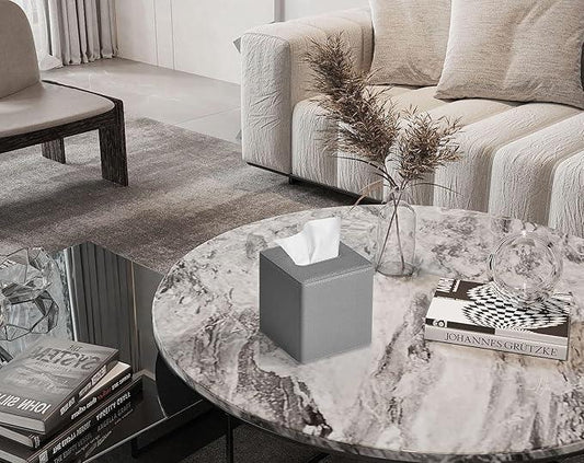 GOLRANLYE Tissue Box Cover Square PU Leather Facial Tissue Box Holder for Dresser Bathroom Decor (Linen Grey) - ModernBath