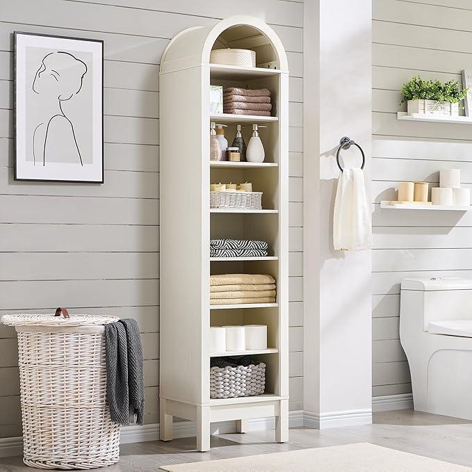 71" Tall Arched Bathroom Storage Cabinet, 8-Tier Modern Farmhouse Storage Cabinet with Adjustable Shelves, Wood Freestanding Cabinet for Bathroom, Living Room, Entryway, Hallway (Antique White) - ModernBath