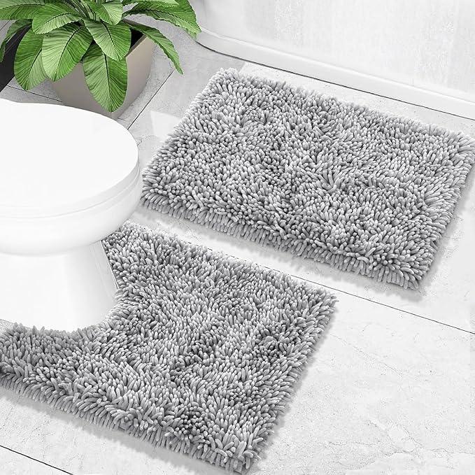 Yimobra Toilet Rugs U Shaped Washable, Extra Thick Soft Absorbent Chenille Contour Bathroom Rugs for Toilet 24x20 Inch, Quick Dry Non Slip Toilet Mat for Bath Floor, Light Grey - ModernBath