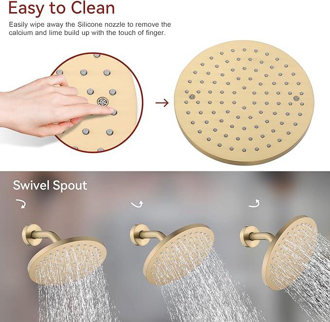 Lavatrum Brush Gold Shower Head and Handle Set Single Spray Premium Wall Mount 8 Inch Rainfall Round Shower Faucet with Rough-in Valve and Trim Kit for Bathroom（1.8GPM) - ModernBath