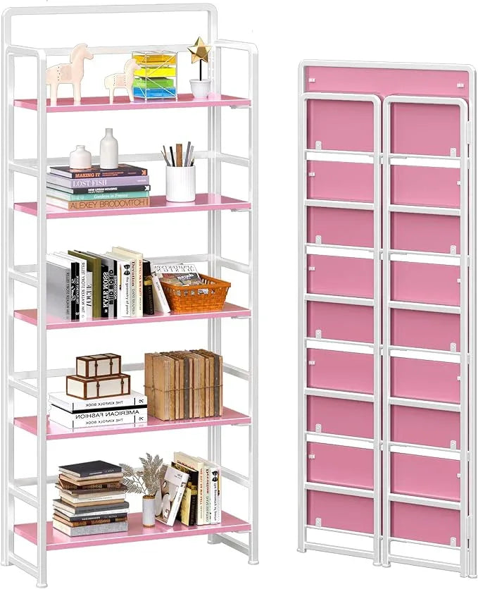4NM No Assembly 5 Tiers Folding Bookshelf Storage Shelves Vintage Bookcase Standing Racks Study Organizer Home Office (Pink White) - ModernBath