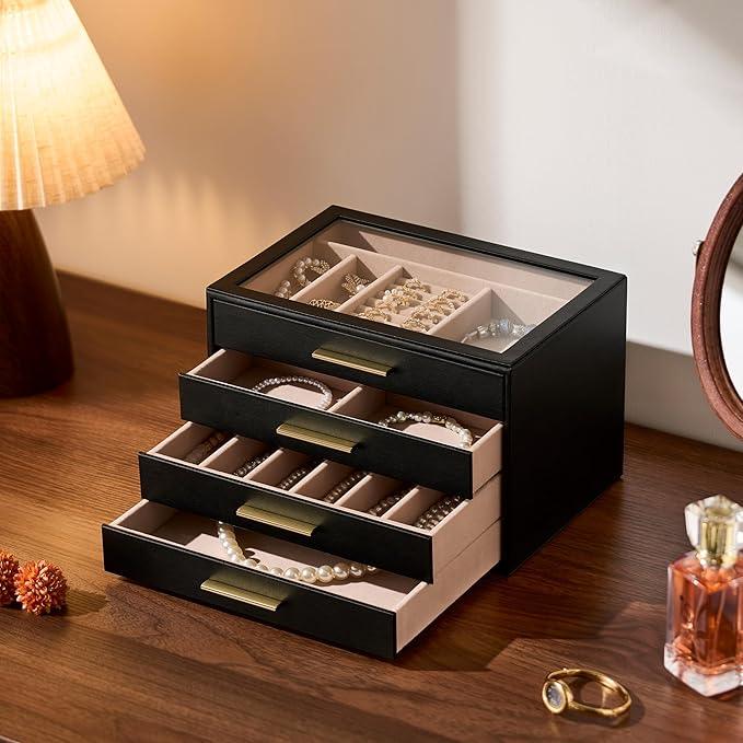 pickpiff Jewelry Box Organizer Case for Women: 4-Layer Jewelry Storage Case with Glass Window, Black Leather with Blush Velvet, Holder for Ring Necklace Bracelet Brooch Watch, Great Gift for Her - ModernBath