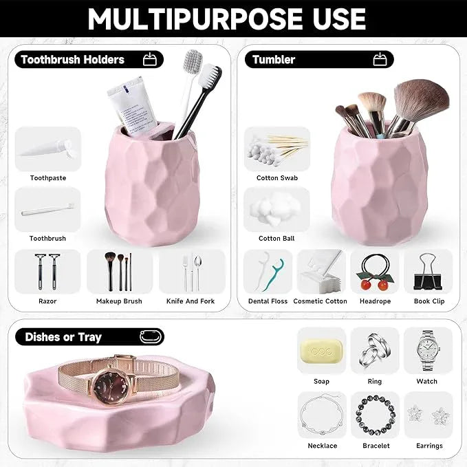 Ceramic Bathroom Accessories Set 4 PCS,Bathroom Toothbrush Holder Set,Soap and Toothbrush Holder Set,Include Toothbrush Holder,Soap Dispenser,Tumbler,Soap Dish,Bathroom Sets Decor Organizer (Pink) - ModernBath
