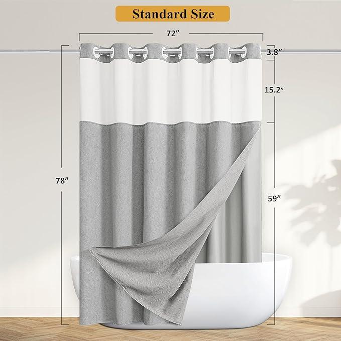 Jowels No Hooks Needed Linen Shower Curtain and Liner Set,Light Grey Hotel Luxury Decor Shower Curtains for Bathroom with See Through Top Window,Water Resistant Fabric,72Wx78L,Light Grey - ModernBath