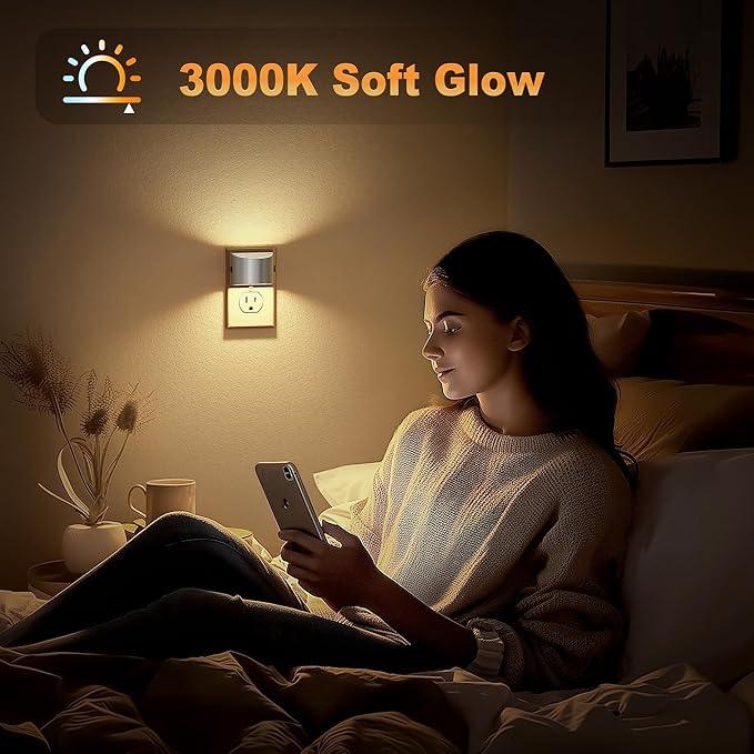JandCase LED Night Lights Plug into Wall, 2 Pack Modern Night Lights, Dusk to Dawn Sensor Nightlight, 0-100LM Brightness Adjustable, 3000K Soft White(Silver) - ModernBath