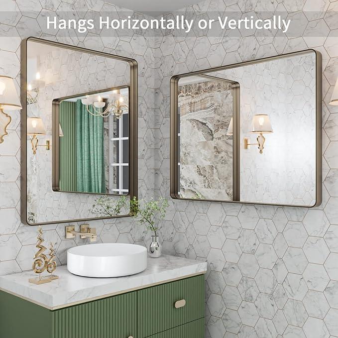 LOAAO 28”X36” Bronze Bathroom Mirrors for Vanity, Rounded Rectangle Brushed Bronze Metal Frame Mirror, Anti-Rust, Hangs Horizontally or Vertically - ModernBath