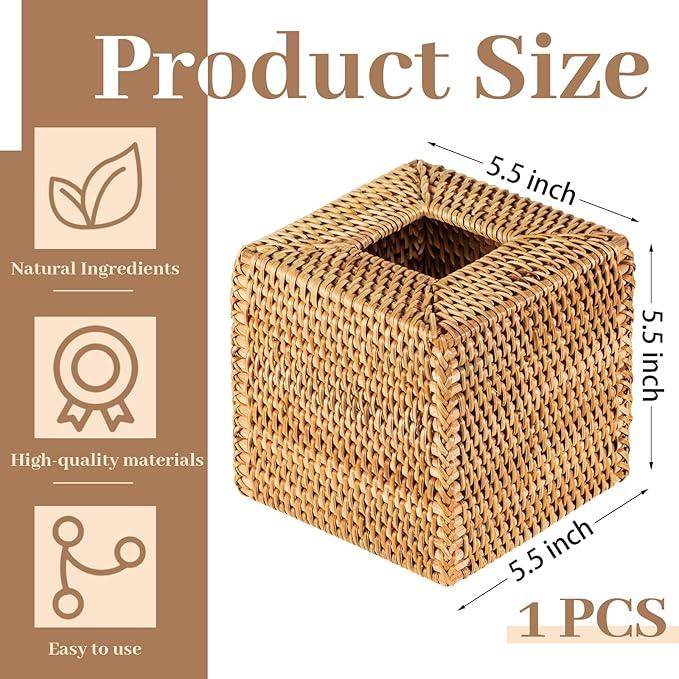 Kigley 1 Pcs Square Rattan Tissue Box Cover Boho Wicker Tissue Cube Box Cover 5.5'' x 5.5'' x 5.5'' Decorative Natural Wicker Hand Woven Napkin Box Holder Bathroom Office Car Accessories (Wood) - ModernBath