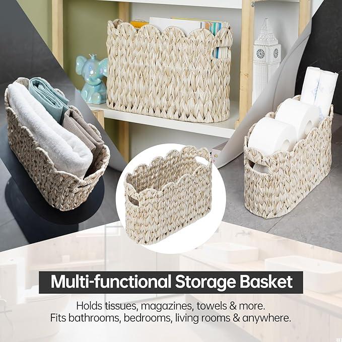 Toilet Paper Storage Basket,Boho Decorative Scalloped Baskets,Coastal Bathroom Decor,Hand-Woven Plastic Wicker Bathroom Accessories Organizer - ModernBath