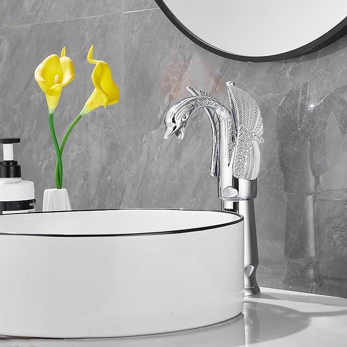 GGStudy Chrome Swan Shape Single Handle One Hole Bathroom Vessel Sink Faucet Deck Mount Lavatory Sink Faucet - ModernBath