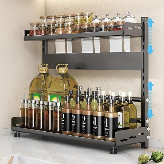 Spice Rack Organizer for Countertop, 2-Tier Height-Adjustable Spice Rack Organizer, Metal Standing Kitchen Counter Organizer with Guardrail & Knife Block for Kitchen Cabinet - ModernBath