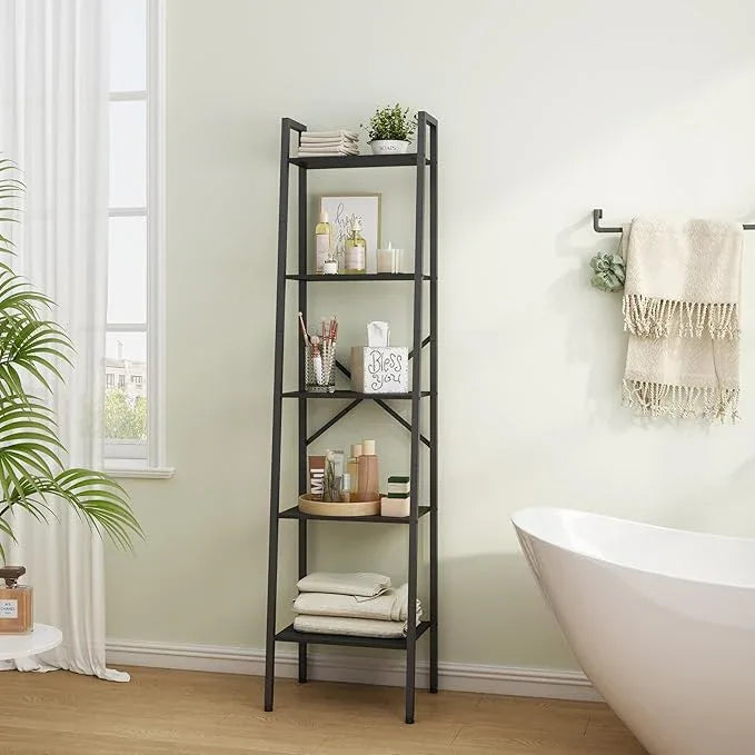 Hoctieon 5-Tier Industrial Ladder Bookshelf, Narrow Ladder Shelf, Tall Standing Bookshelf, Skinny Open Ladder Shelf, for Living Room, Home Office, Kitchen, Bedroom, Metal Frame, Black - ModernBath