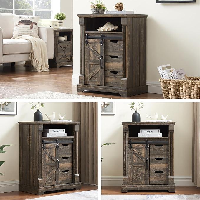 Bathroom Floor Cabinet, Farmhouse Storage Cabinet with Sliding Barn Door, Small Storage Cabinet with Drawer for Bathroom, Kitchen, Living Room, Rustic Style Cabinet (Dark Rustic Oak) - ModernBath