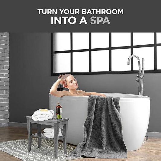 Grey Shower Bench - Small Wooden Shower Stool with Storage Shelf, Non-Slip Bathroom Seat, Spa Decor Bath Bench, Foot Rest Shaving Stool for Shower, Indoor Outdoor Use, Great Gift Idea (17" x 9 x 17) - ModernBath