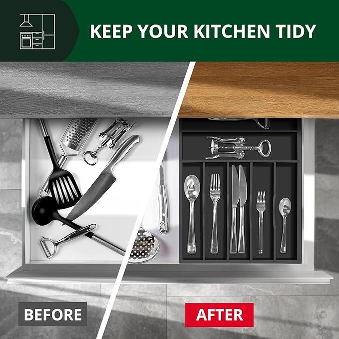 ROYAL CRAFT WOOD Luxury Bamboo Kitchen Drawer Organizer - Silverware Organizer - Utensil Holder and Cutlery Tray with Grooved Drawer Dividers for Flatware and Kitchen Utensils (7 Slot, Black) - ModernBath