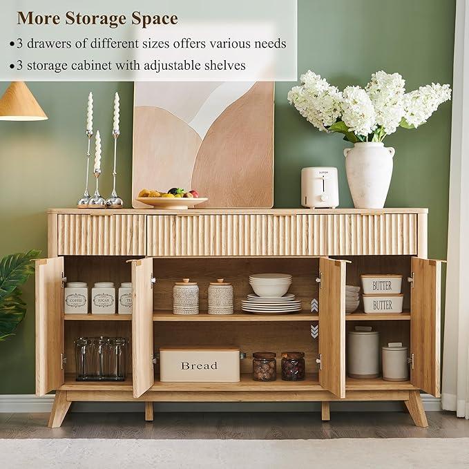 OKD Fluted Storage Cabinet with Drawers, 60" Morden Buffet Sideboard Coffee Bar Cabinet with 4 Doors and 3 Drawers for Dining Room, Living Room,Hallway (Natural Oak) - ModernBath