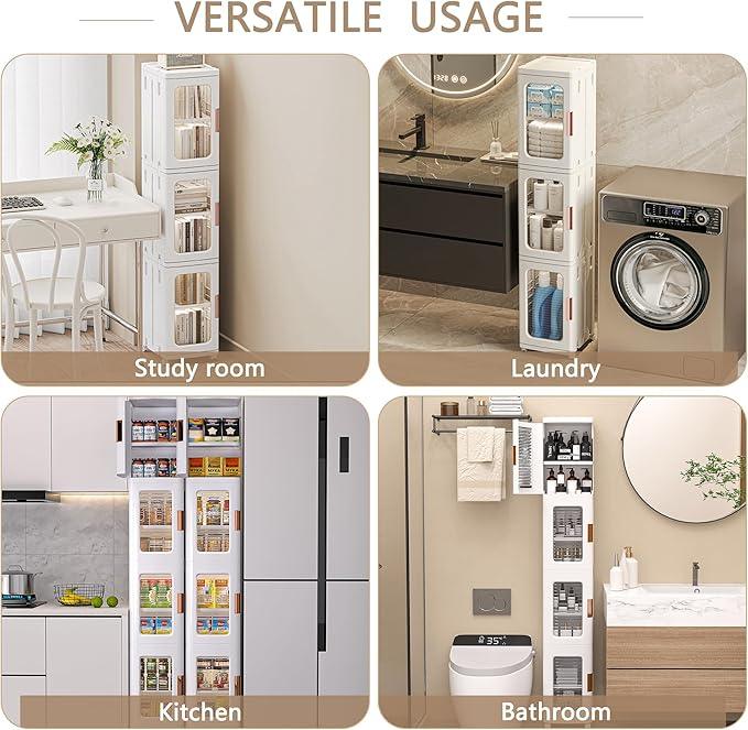 VECELO 4-Tier Tall Narrow Storage Cabinet with Movable Wheels, Adjustable Shelves, Anti-Tip, Slim, for Small Space, Bathroom, Kitchen, Laundry, White | 4-Tier, Movable Wheels, Adjustable Shelves, Magnetic Doors, Slim - ModernBath
