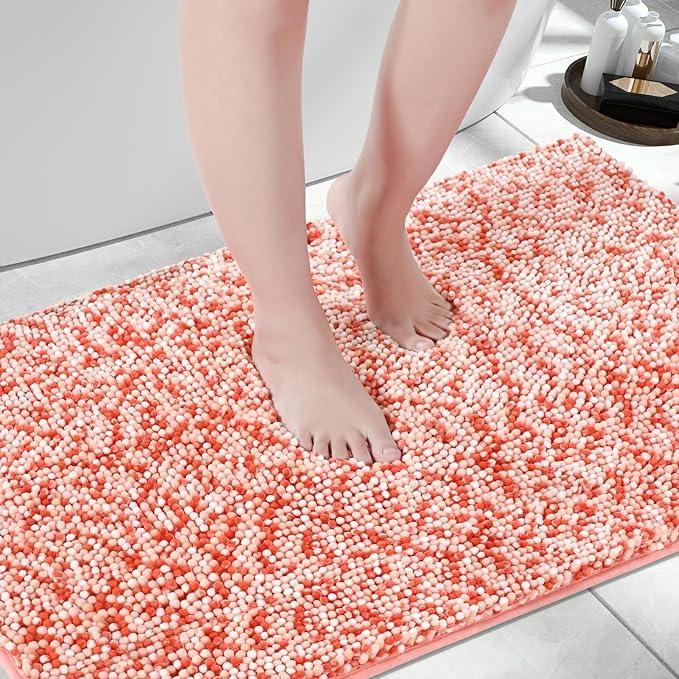 Yimobra Luxury Bathroom Rugs, 47x24, Extra Soft Chenille Mats for Bathroom Non Slip, Fluffy Long Matts for Tub, Plush Shaggy Carpet Runner, Water Absorbent, Machine Washable, Orange & Pink - ModernBath