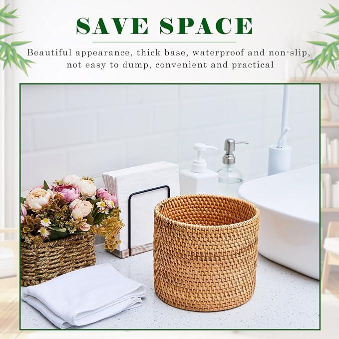 2 Pcs Mini Rattan Bathroom Trash Can Handmade Wicker Waste Basket Small Cylinder Storage Table Baskets for Bathroom Home Bedroom Kitchen Storage Office Desktop Essential - ModernBath
