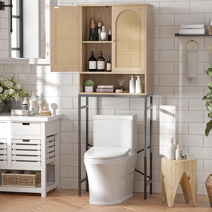 Rattan Toilet Storage Cabinet, Over The Rack Wood Cabinet with Metal Stand, Bathroom Organizer with Adjustable Shelf, Tall Freestanding Washer Shelf, Small Cupboard, Natural - ModernBath