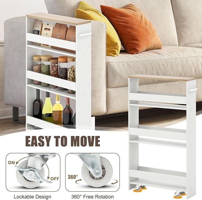 Giantex Slim Storage Cart 4 Tier, Rolling Side Cabinet w/Handle, Space Saving, Kitchen Utility Cart Tower Rack for Laundry Narrow Places (White & Brown) - ModernBath