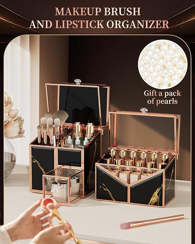 CoralHouse black makeup organizer – Vanity Holder with 18-Slot Lipstick Organizer & Covered Makeup Brush Holder – Skincare, Perfume & Cosmetic Display for Bathroom or Dresser - ModernBath