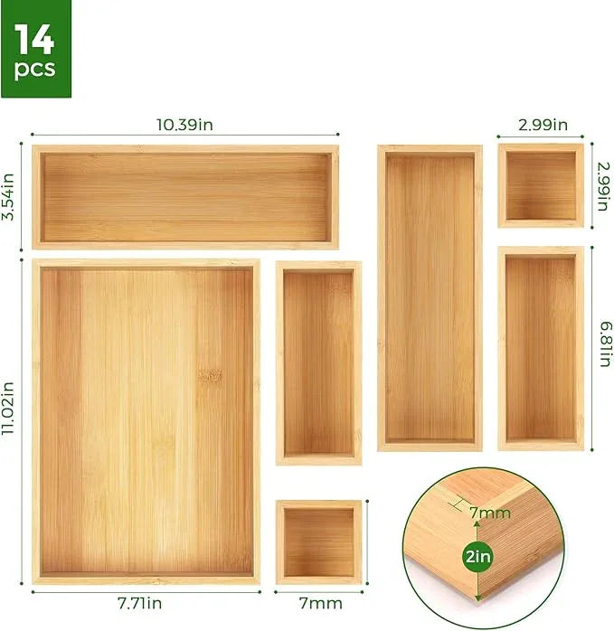 Bamboo Drawer Organizer Set, 14 PCS Multi-Use Individual Wood Storage Organizers, Junk Drawer Divider and Storage Trays Containers for Kitchen, Bathroom, Office Desk, Makeup, Jewelry, Utensils - ModernBath