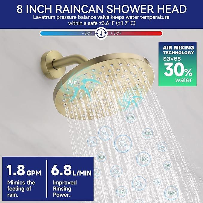 Lavatrum Brush Gold Shower Head and Handle Set Single Spray Premium Wall Mount 8 Inch Rainfall Round Shower Faucet with Rough-in Valve and Trim Kit for Bathroom（1.8GPM) - ModernBath