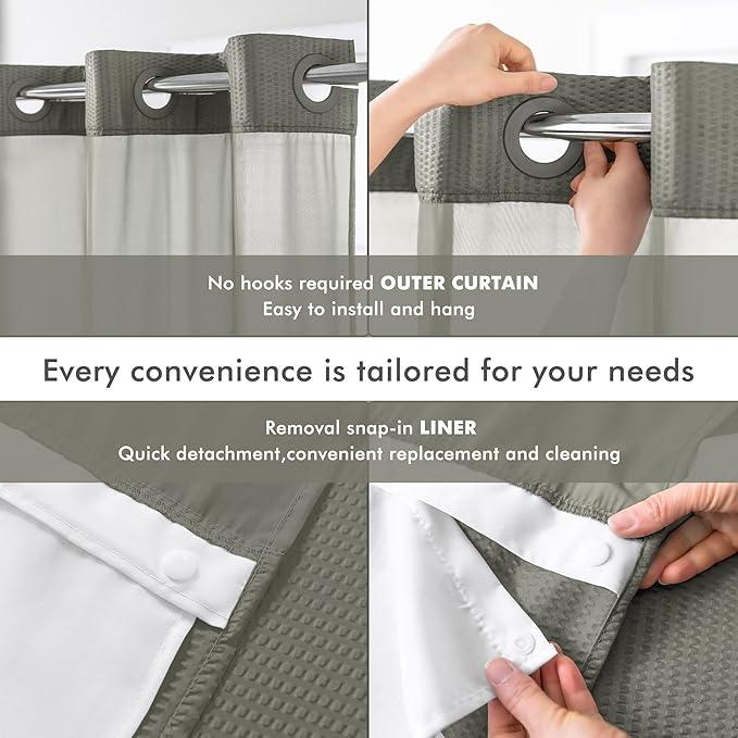 Mrs Awesome No Hook Shower Curtain with Snap-in LinerLess Time On/Off, Embossed Waffle-Look Textured Fabric Shower Curtain for Bathroom, Soft & Lightweight, 71x74, Gray - ModernBath