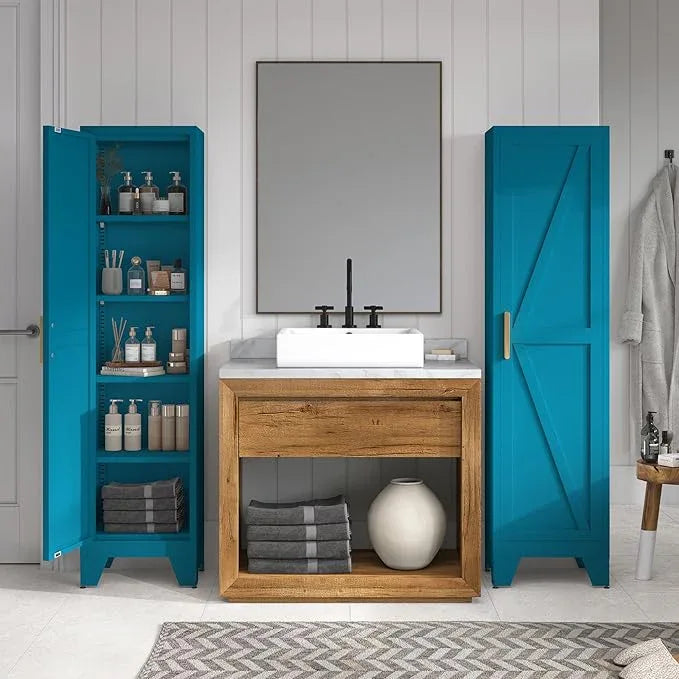 COFaR Tall Bathroom Cabinet, Metal Farmhouse Narrow Slim Storage Cabinet with Adjustable Shelves Barn Door for Bathrooms, Kitchens, Entrances Living Room (Blue) - ModernBath