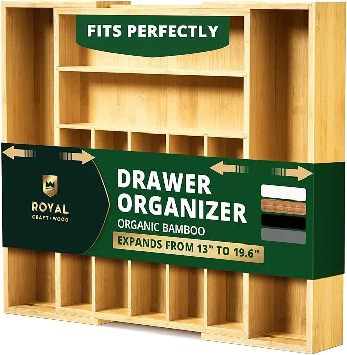 ROYAL CRAFT WOOD Luxury Bamboo Kitchen Drawer Organizer - Silverware Organizer, Utensil Holder & Cutlery Tray Drawer Dividers for Flatware (9 Slot, Natural) - ModernBath
