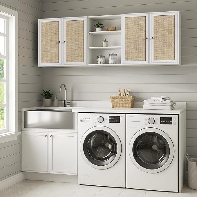 Kitchen Wall Cabinets,Rattan Wall Mounted Laundry Cabinets with Adjustable Shelf, Floating Hanging Storage Cabinet for Laundry Room, Bathroom, Kitchen,63" W x 11.8" D x 21.6" H - ModernBath