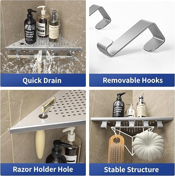Grout in Shower Shelves with Hooks, 304 Stainless Steel Corner Bathroom Shelf for Tiled Wall (Brushed, 10'' x 10'') - ModernBath